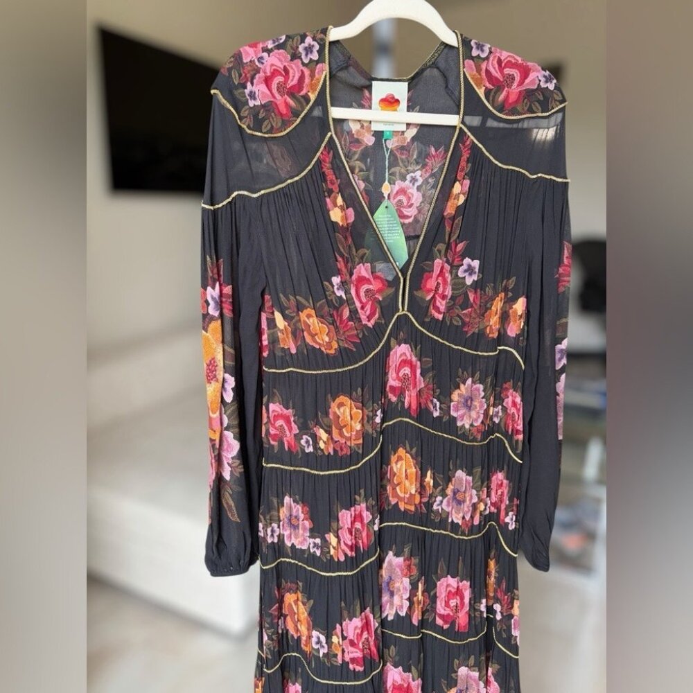 Farm Rio: Black Chenille Flowers Long Sleeve Midi Dress DT - Picture 8 of 10